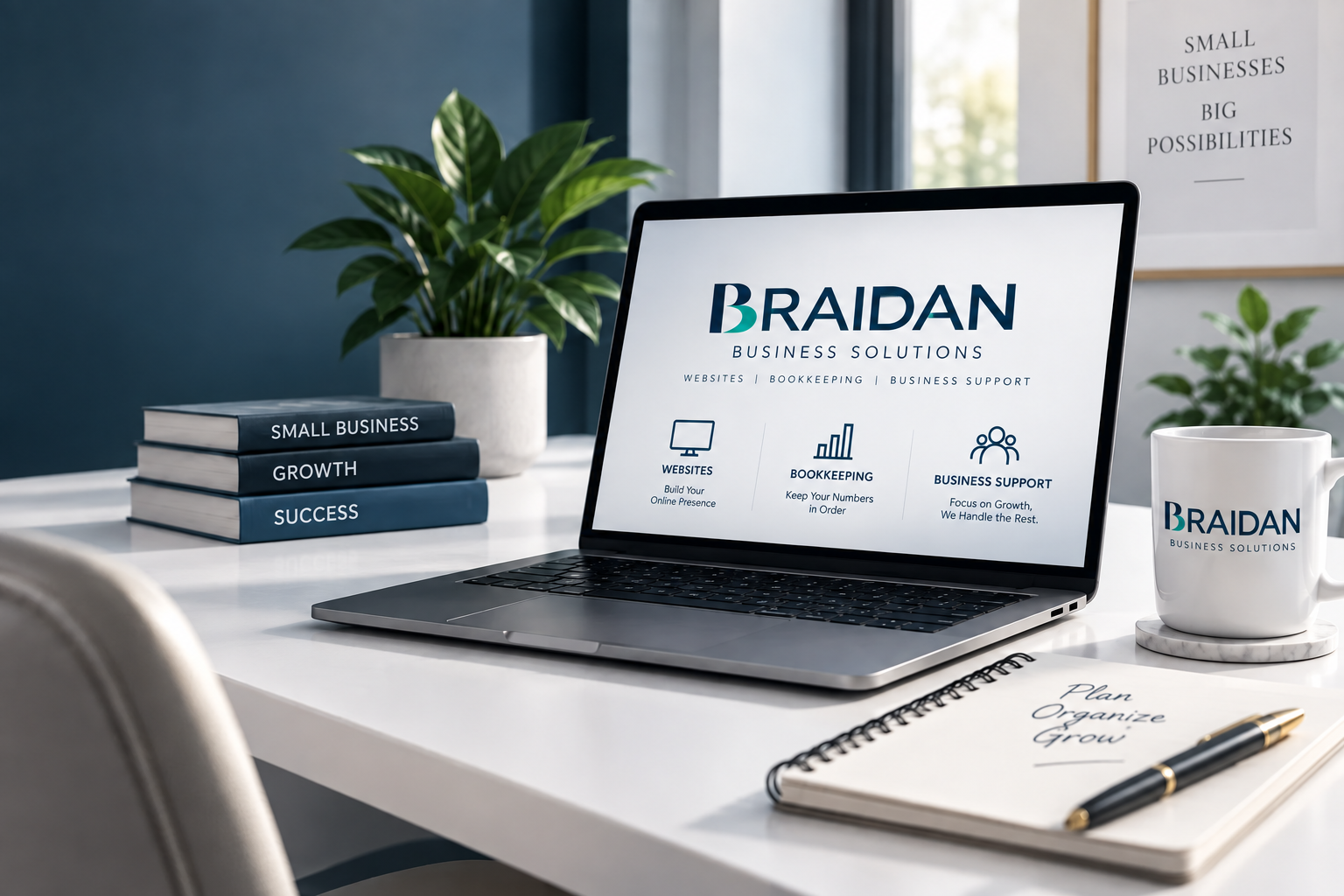 BRAIDAN Business Solutions on a laptop screen at a modern desk