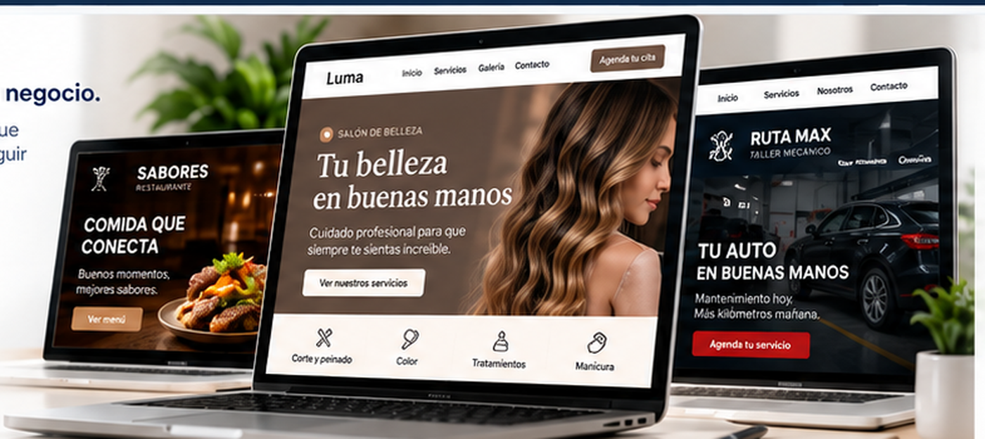 Example website designs for a hair salon, restaurant, and auto shop built by BRAIDAN